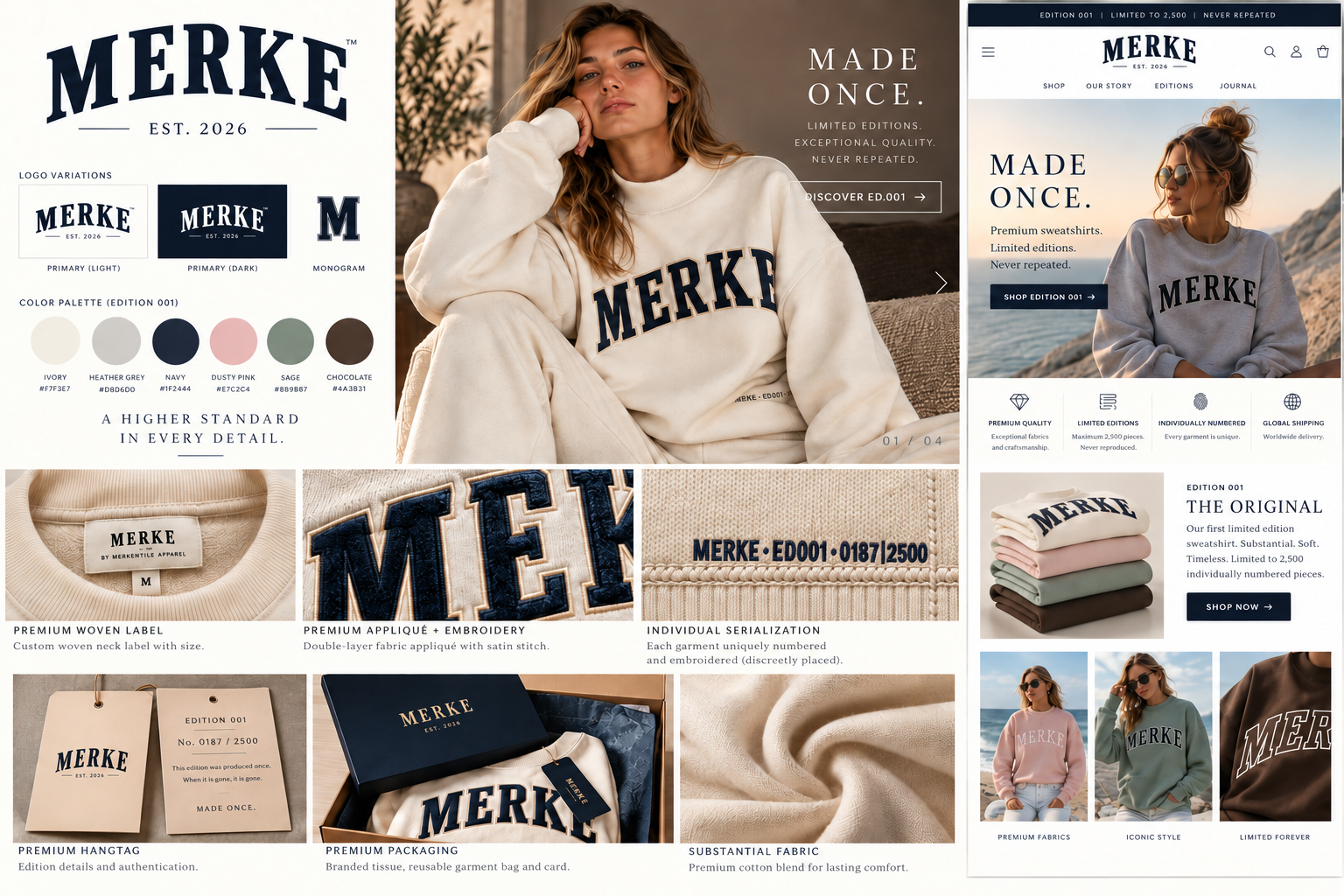 MERKE premium brand system and packaging with corrected deep embroidered serialization