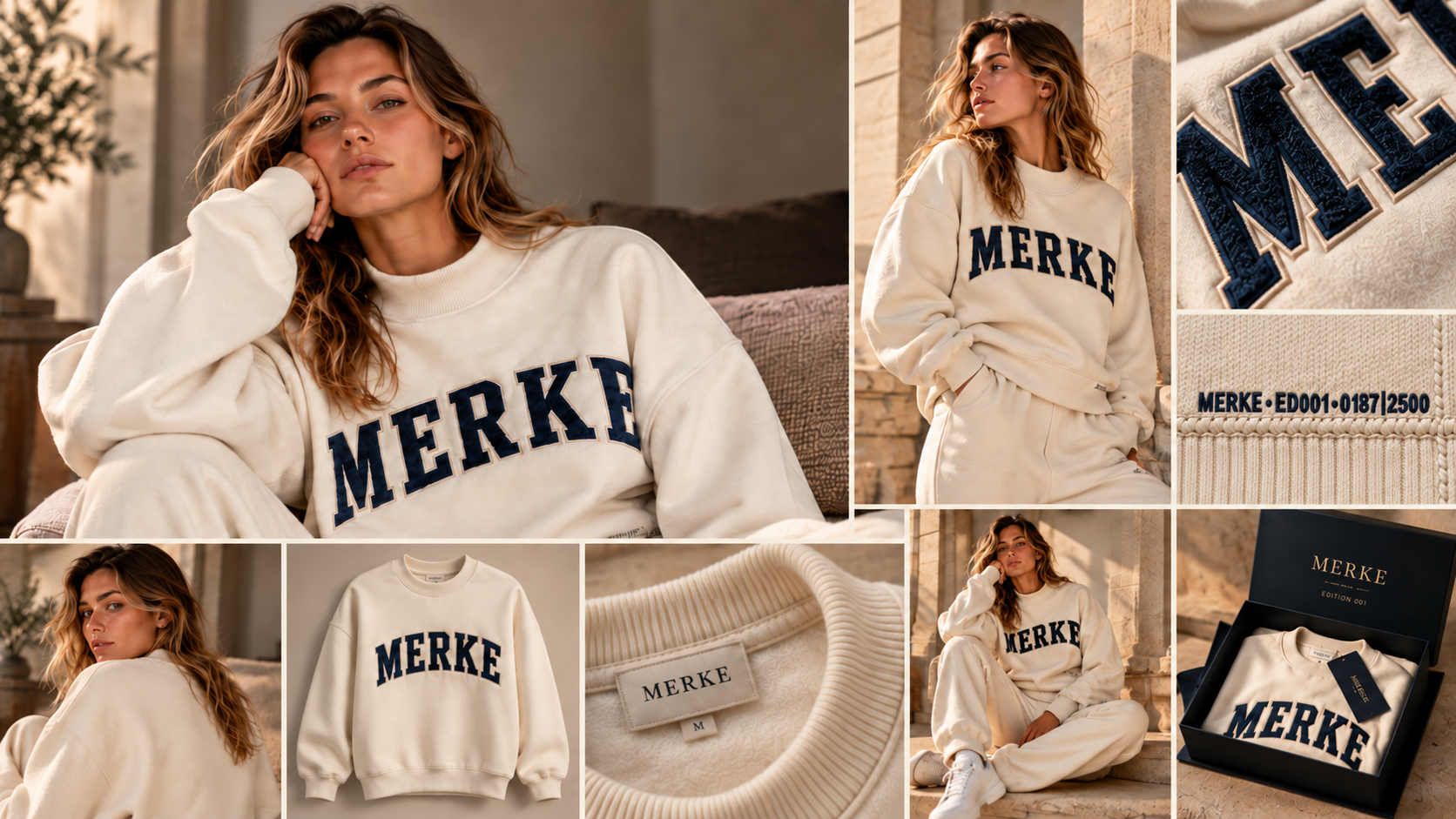 MERKE ED001 editorial, product and packaging presentation with corrected deep embroidered serialization